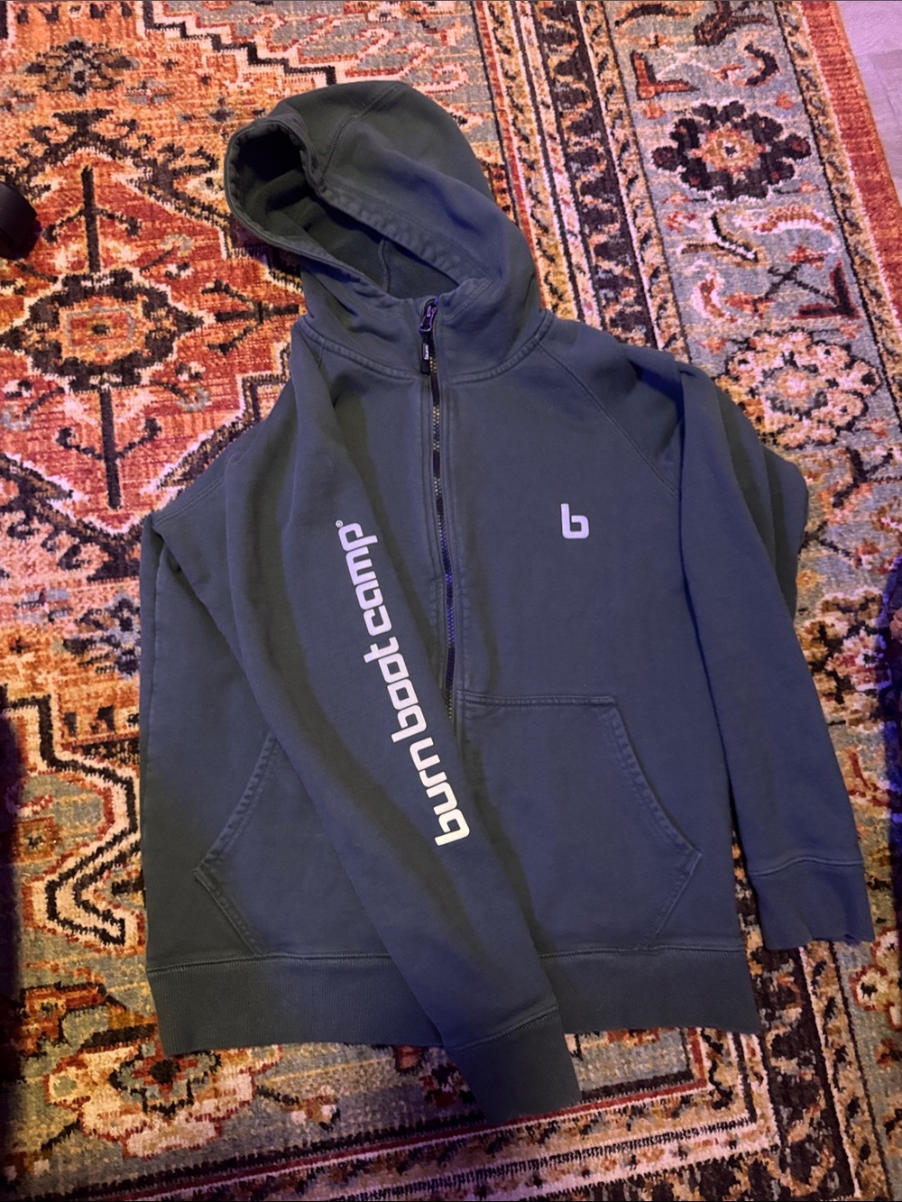 Burn boot camp dark green zip up sweater